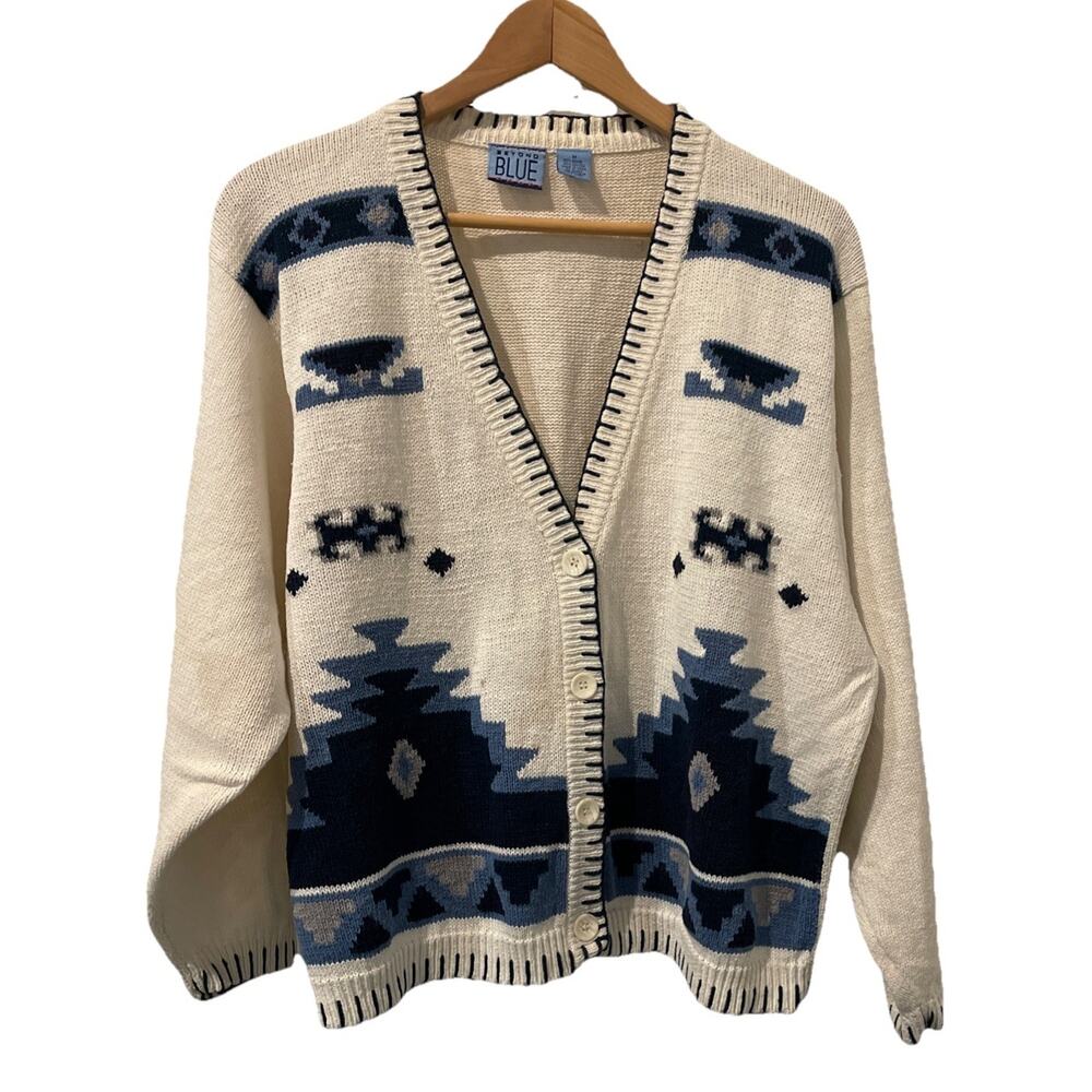 Beyond Blue Sweater Cardigan Cream/Blue-Southwestern-Ramie Cotton-Vintage